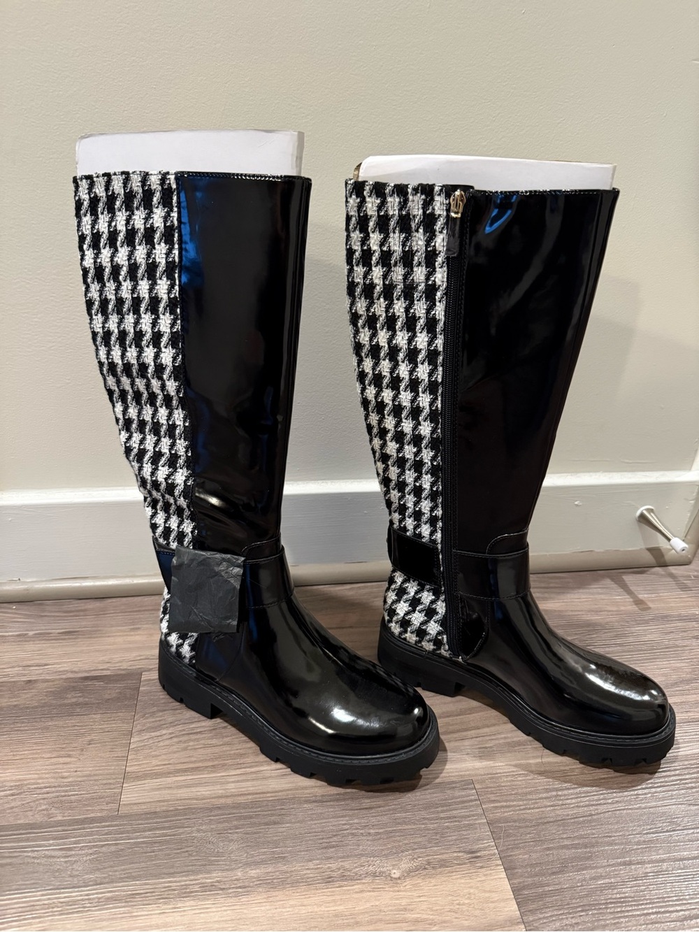 New and Never Worn Karl Lagerfeld Black Patent & Houndstooth Boots